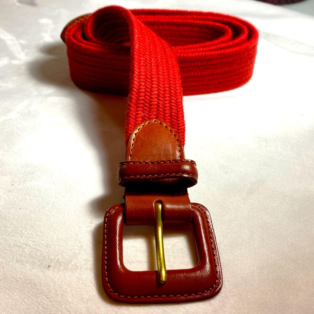 Vintage Talbots woven belt with leather, trim, red Up to 40"